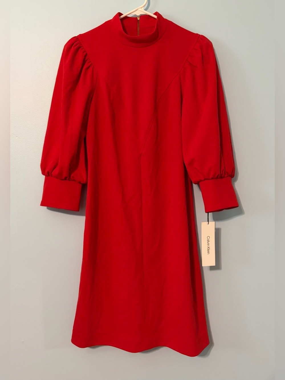 Calvin Klein Red Puff-Sleeve High Neck Mid Sleeve Dress